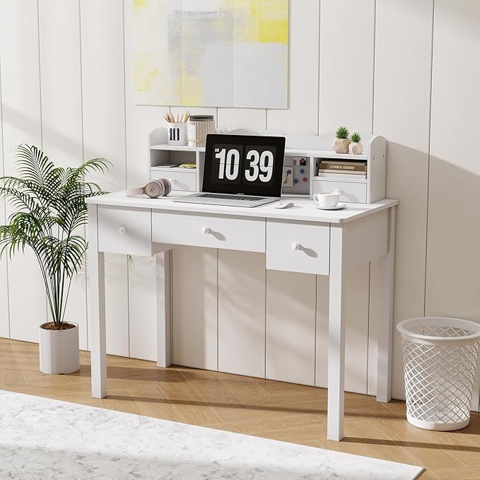 White Wrting Desk with Hutch and Drawers - 40 Inch Small Student Desk for Home Office, Study Desk for Teen