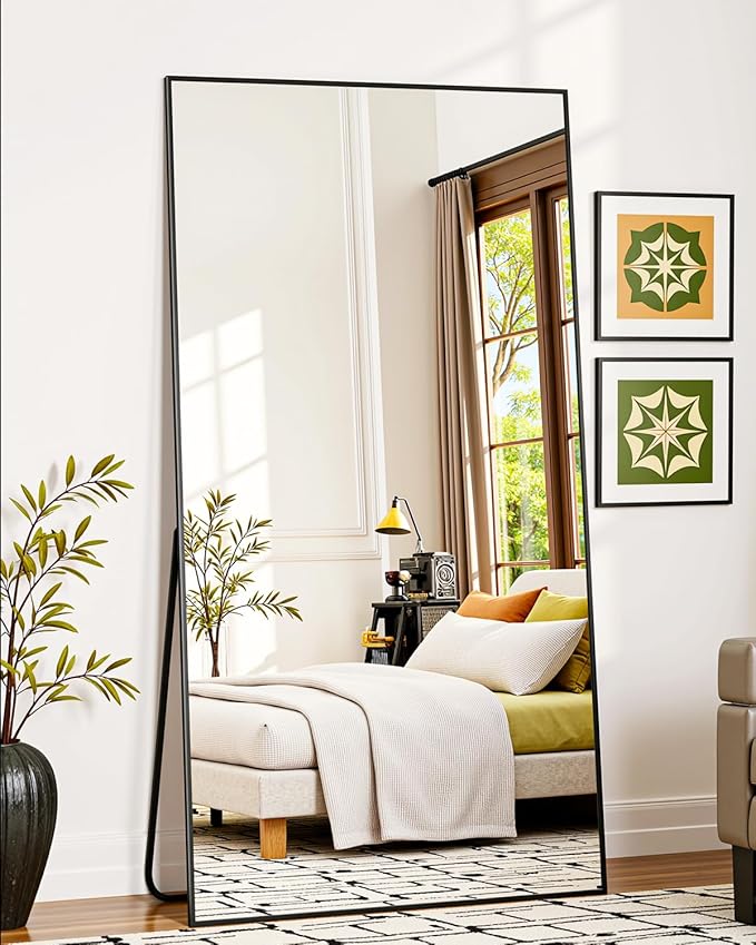 Suidia Full Length Mirror, 58"x22" Floor Standing Mirror Freestanding, Full Body Mirrors with Stand for Bedroom, Hanging Mounted for Living Room Cloakroom, Black, Rectangular Style