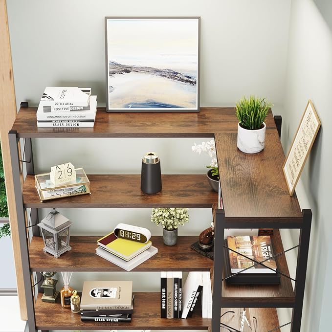 Corner Bookshelves and Bookcases Industrial Corner Etagere Bookcase L Shaped Shelf 5-Tiers with Metal Frame for Living Room Home Office