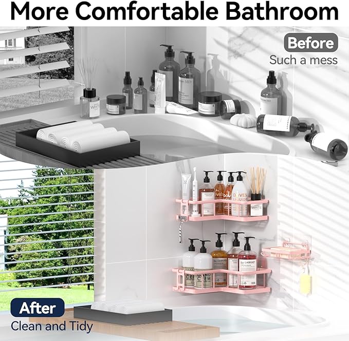 YASONIC Corner Shower Caddy Organizer, 3-Pack Self-Adhesive Rustproof Bath Shelves with Soap Holder & 4 Hooks, Large Capacity Shower Storage Rack for Bathroom Organization, Pink