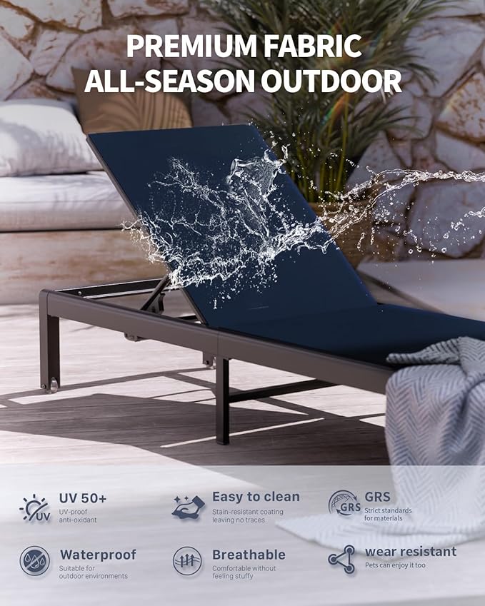 Aluminum Lounge Chairs Outdoor Chaise Furniture,2 Sets Patio Metal Deck Lounger Adjustable 5-Position Poolside Chase Recliner with Wheels for Beach,Coffee Table, (NavyBlue, 2 Chair＋Table)