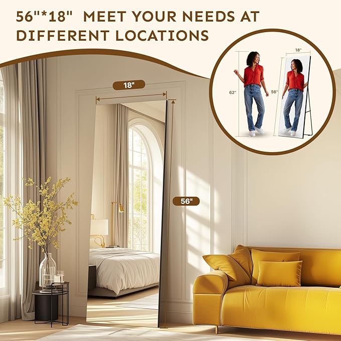 56x18 Frameless Full Length Silver Coating Mirror w/Distortion Free, HD Reflection &Anti Desilvering, Tempered Glass & Shatter Proof Film Doubling Safety, Easy Setup w/Stand, Wall/Standing