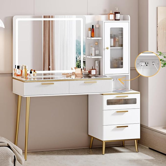 Vanity Desk with 29.53" HD Lighted Mirror, 47.24" Big Modern Vanity Desk with Mirror and Lights, Makeup Vanity with 5 Drawers and Storage Shelves and Charging Station, White