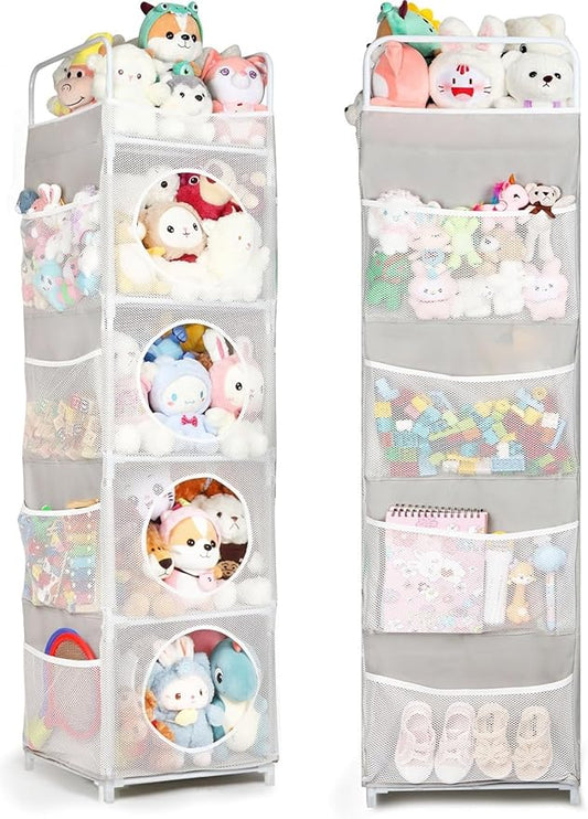 Stuffed Animal Storage, 5 Tier - 8 Side Pockets Toy Storage Organizer, 63.8" Space-Saving Corner Storage for Kids' Bedroom & Playroom, Grey