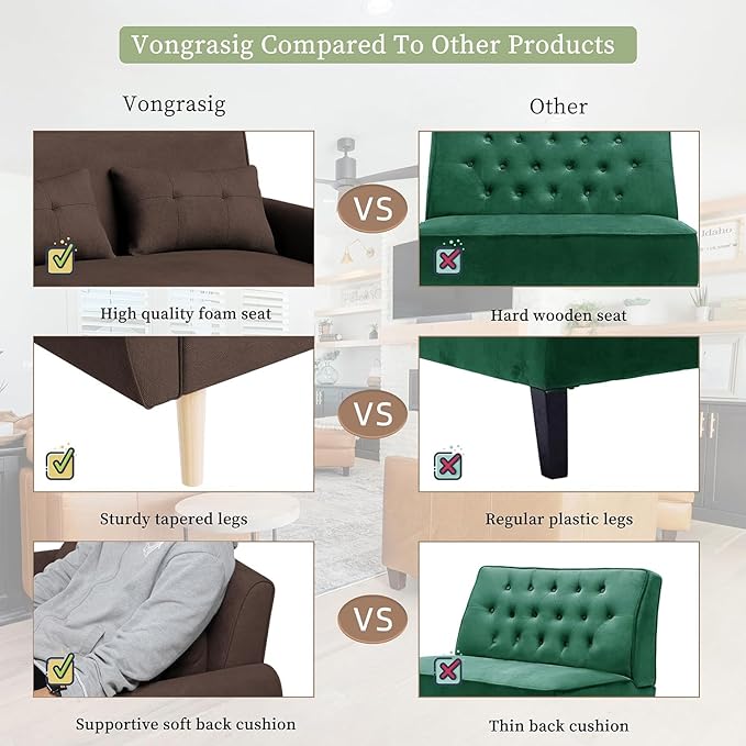 Vongrasig Small Modern Sofa, Mid Century Linen Fabric 3-Seat Sofa Couch Tufted with Back Cushions and Tapered Legs for Living Room, Bedroom and Small Space, Brown