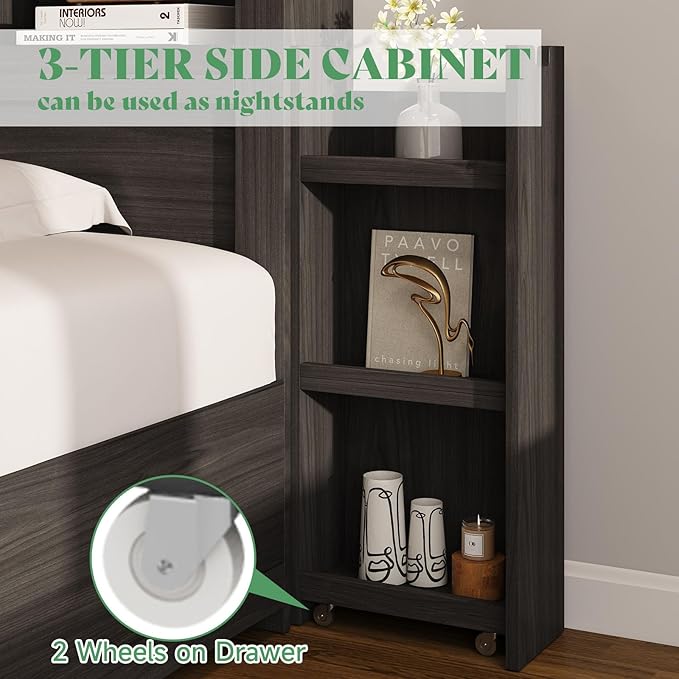 AMERLIFE Full Size Bed Frame with 4 Storage Drawers, LED Bed Frame with 49.6" Tall Bookcase Headboard, Wood Platform Bed with Charging Station & 2 Slide Bedside Shelf, No Box Spring Needed/Black