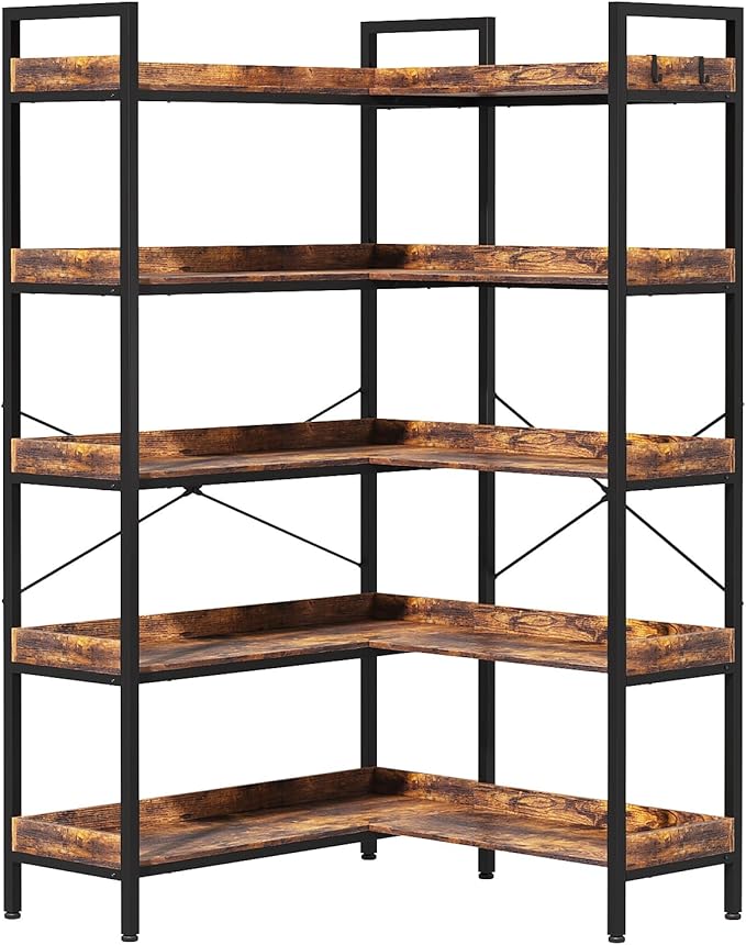 KOUSEI 5-Tier L-Shaped Reversible Corner Bookshelf, 65" Rustic Brown Industrial Wood & Metal Bookcase, Wide Open Shelves + 4 Hooks for Living Room/Bedroom/Home Office