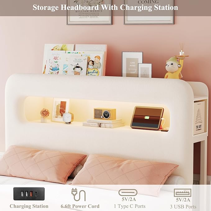HOSTACK Twin LED Bed Frame with Storage Headboard and Charging Station, Kids Bed Frame with 2 Drawers and USB Ports, Velvet Upholstered Platform Bed Frame with Bookcase, No Box Spring Needed, Cream