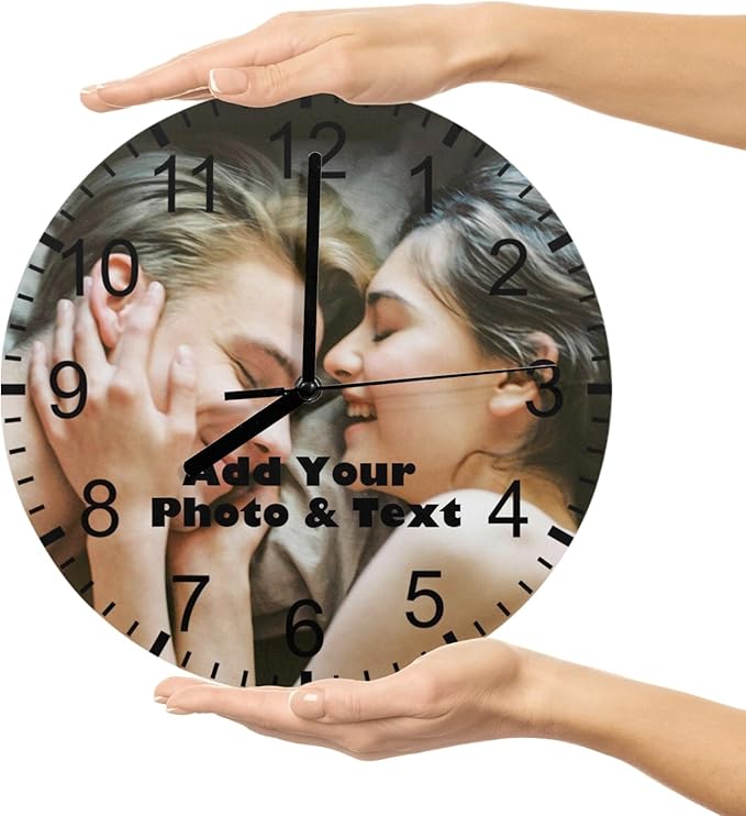 Customized Clocks with Photo for Wall, Custom Photo Wall Clocks with Text for Living Room Bedroom, Personalized 11.6" MDF Round Silent Clocks