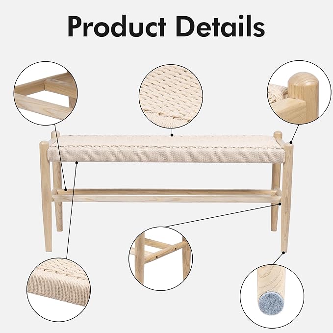 Solid Wood Entryway Bench with Shoe Storage, Rustic Oak Wood and Woven Design 39.4 Inch Long Seating for Living and Dining Rooms,Nature