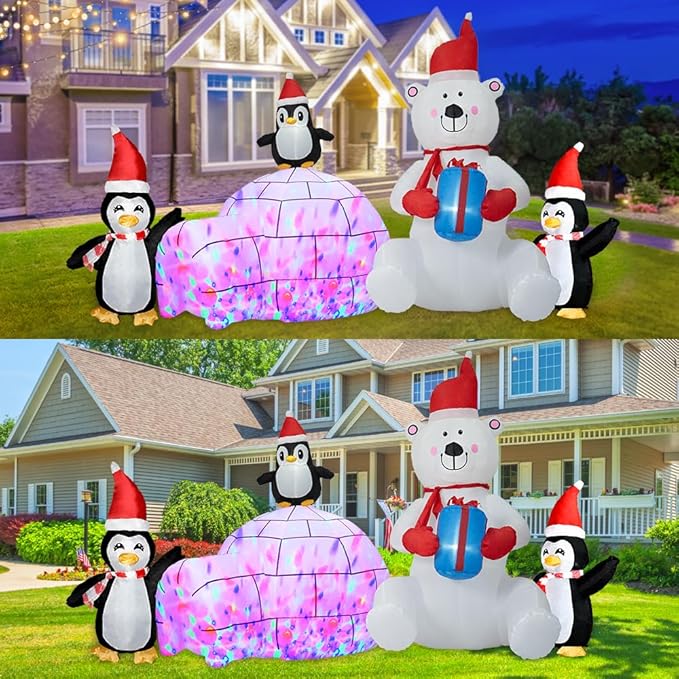 Christmas Inflatable Decoration, Sida-Earcy 10FT Polar Bear Snowball Igloo Lighted Blow Up Christmas Decorations Outdoor with Colorful Rotating LED Lights for Christmas Yard, Garden, Lawn