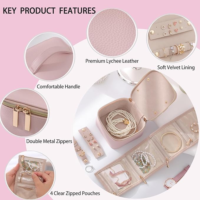PU Leather Travel Jewelry Organizer Case with 4 Pouches & Handle, Anti-Tangle Storage Box for Necklace, Earrings, Rings, Compact Jewelry Box for Women Gift (Pink)