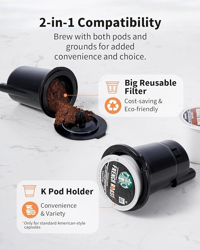 Hot & Iced Coffee Maker with Bold Setting, Single Serve Coffee Maker for K Cup and Grounds, 6-14 Oz Brew Sizes, 50 Oz Removable Water Tank, One Cup Coffee Machine with Reusable Filter, Grey