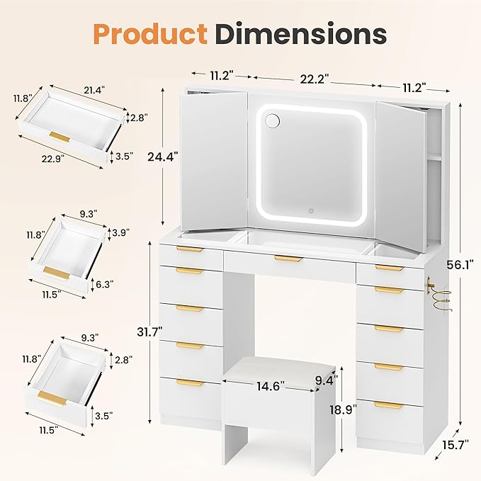 Pamapic 11 Drawers Vanity Desk with Foldable Mirror, Glass Top Makeup Vanity with LED Lights, 3 Lighting Modes, Golden Handles Dressing Table with Chair and Power Outlet
