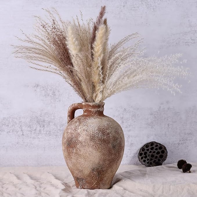 Rustic Farmhouse Ceramic Vase, 8.3" Tall Vintage Pottery Vases, Terracotta Decorative Boho Pampas Flower Vase, Suitable for Home Decor Living Room Entryway Table Bookshelf Mantle Shelf Decor