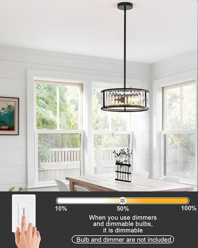 Black Flush Mount Ceiling Light, 2- Light Caged Crystal Chandelier, Small Drum Hallway Light fixtures Ceiling Mount (14 INCH Black Pendant Light(3-Light))