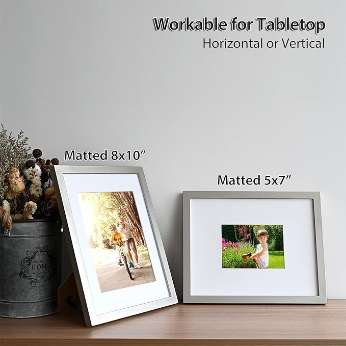 KINLINK 11x14 Picture Frame Light Grey, Solid Wood Frames with Acrylic Plexiglass for Pictures 5x7/8x10 with Mat or 11x14 without Mat,Tabletop and Wall Display Set of 4