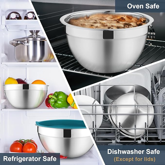 P&P CHEF Mixing Bowls with Lids Set of 6, Stainless Steel Nesting Salad Bowl & 3 Grater Attachments for Prepping Storing, 4.6/2.6/2/1.5/1/0.7 QT, Blue