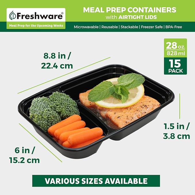 Freshware Meal Prep Containers [15 Pack] 2 Compartment with Lids, Food Storage Containers, Bento Box, BPA Free, Stackable, Microwave/Dishwasher/Freezer Safe (28 oz)