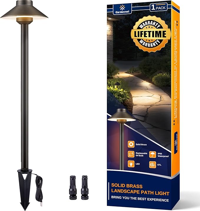 Outdoor Brass Pathway Lights - Low Voltage Landscape Path Lighting Wired, 12v Walkway Light LED IP65 Waterproof, Hat-Top Bronze for Outside Garden Yard Driveway G4 Bulb Not Included