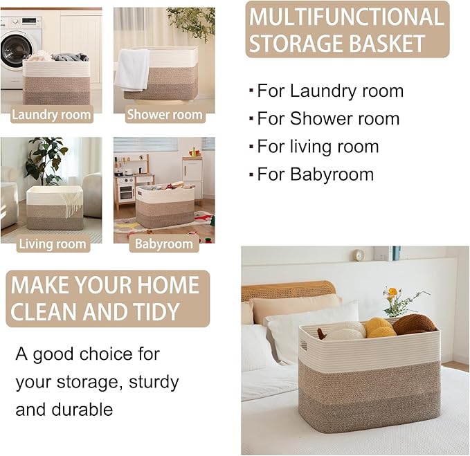 OIAHOMY 108L Large Cotton Rope Basket, Rectangle Woven Baskets for Storage, Nursery Blanket Storage Living Room, Toy Basket With Handle-25”x16”x16”-Gradient Yellow