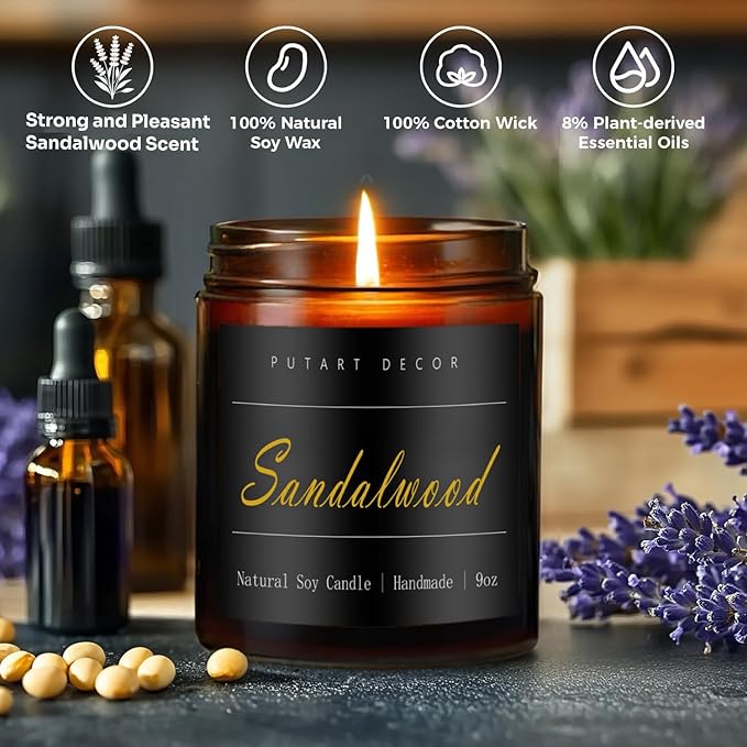 Sandalwood Scented Candles for Home, 9oz Natural Soy Wax Aromatherapy Organic Santal Candle for Stress Relief, Long Burning & Lasting Jar Candle Gifts for Birthday, Housewarmings, Thanksgiving