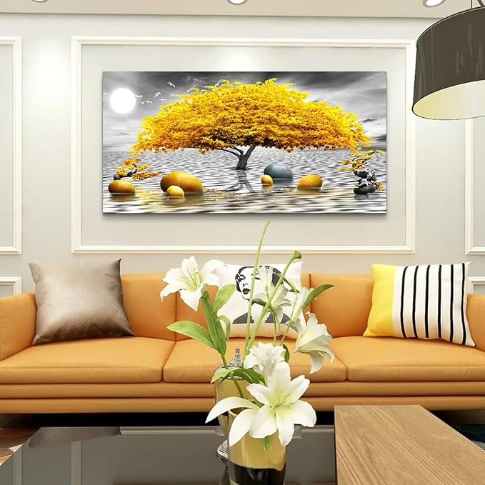 Wapluam Large Canvas Wall Art for Living Room Office Bedroom Decor - Black and White Framed Painting With Yellow Tree View - Home Decoration Artwork Prints 24"X48"