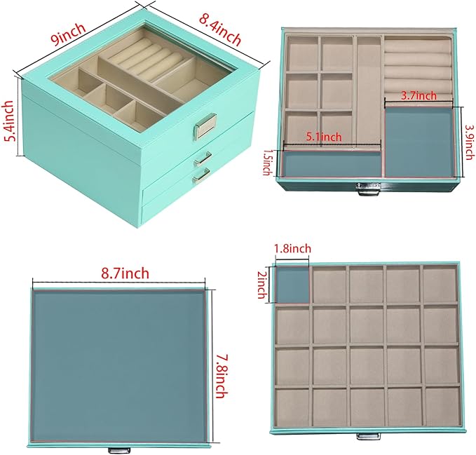BOOVO Clear Lid Jewelry Box,3 Layers Jewelry Organizer Large Multi-Functional Jewelry Storage Box with 2 Drawers,Jewelry Display Case of Rings Earrings Necklace Bracelets for Women Girls (Turquoise)