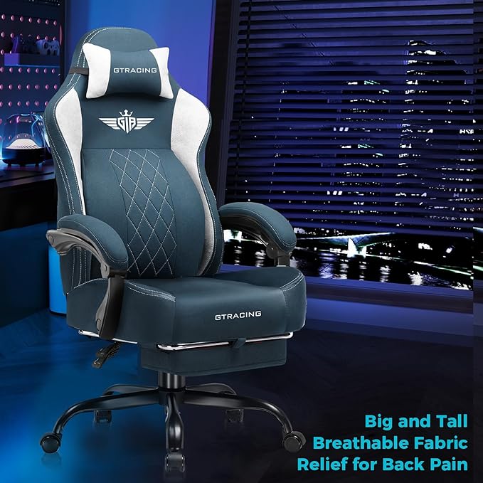 GTPLAYER Big and Tall Gaming Chair Breathable Fabric Computer Chair with Strong Lumbar Support, Comfortable Office Chairs with Pocket Spring Cushion, High Back Ergonomic Desk Chairs with Footrest