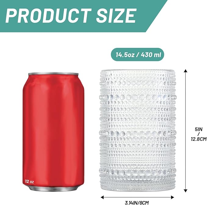 Hobnail Drinking Glasses Set of 6, Vintage Colored Glassware 14.5oz, Tall Beverage Glass Cups for Water, Juice, Cocktail (Clear)