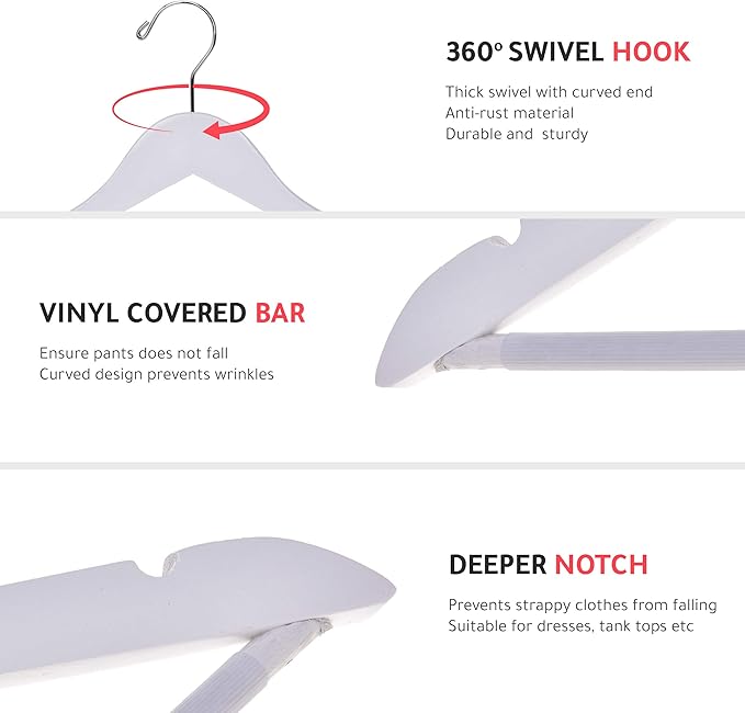 Quality Wooden Suit Hangers with Non Slip Pants Bar, 20 Pack, Smooth Finish Solid Wood Coat Hanger with Swivel Hook, Jacket, Pant, Dress Clothes Hangers (White, 20)