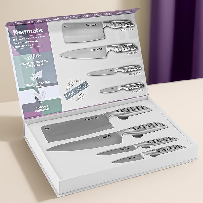 NEWMATIC 4-Piece kitchen knife set, stainless steel shef's knife set & sleaver with siamond sut technology - integrated molding design for home cooking