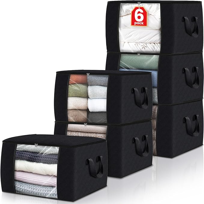 Fab totes 6 Pack Clothes Storage, Foldable Thick Fabric Blanket Storage Bags, Containers for Organizing Bedroom, Closet, Clothing, Comforter,Closet Organization with Handle,Black