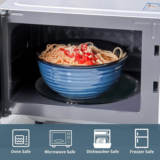 Hasense Serving Bowls, 60 Ounces Ceramic Salad Pasta Soup Bowls, 8.5 inch Large Bowls for Kitchen Ramen Pho Fruit Cereal Popcorn, Microwave and Dishwasher Safe, Set of 2, Blue