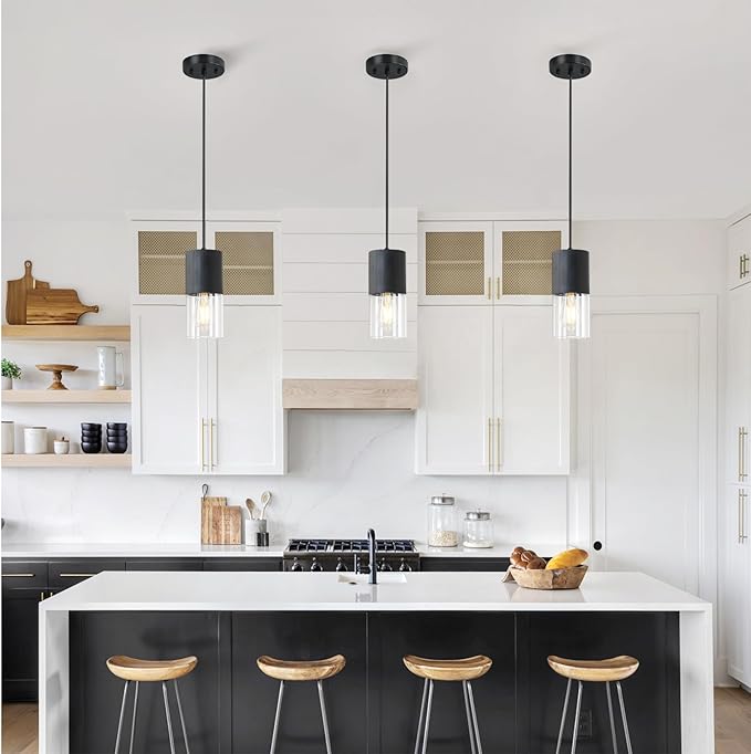 2-Pack Black Pendant Light Fixtures, Adjustable Modern Pendant Lights for Kitchen Island, Industrial Clear Glass Pendant Lights for Dining Table Hallway Bedroom Living Room