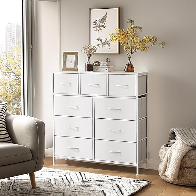Sweetcrispy Dresser with 9 Drawers for Bedroom, Fabric Dresser Storage Tower, Chest of Drawers Organizer Unit, Storage Cabinet for Hallway, Closets, Steel Frame, Wood Top