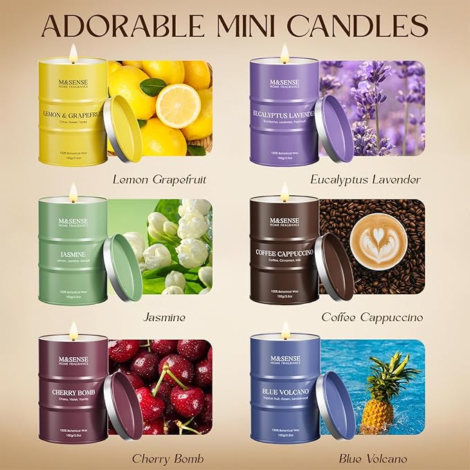 Mini Candle Set | Scented Candles Set|6 Pack Candles for Home Scented Candle,Lemon Grapefruit Eucalyptus Lavender Jasmine Coffee Cherry Candle,Gift Set for Women and Men,Soy Wax 21 oz 105 Hour