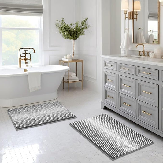 BSICPRO Bathroom Rugs and Mats Sets, 2 Piece Thick Absorbent Chenille Bath Mat Rug Set Non Slip, Soft Shaggy Room Floor for Bathroom, Machine Washable (20" x 32" Plus 16" 24", Gray)