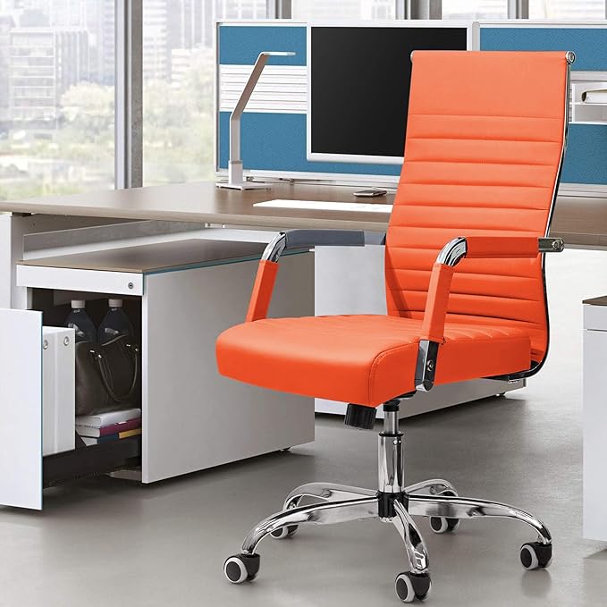 Furmax Ribbed Office Desk Chair Mid-Back Leather Executive Conference Task Chair Adjustable Swivel Chair with Arms (Orange)