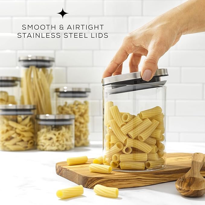 JoyJolt Kitchen Canister Set. 6 Glass Jars with Lids (Stainless Steel) Lids. Airtight Food Storage Containers for Pantry or Counter. Versatile Pantry Organization, Sugar Container or Cereal Canisters