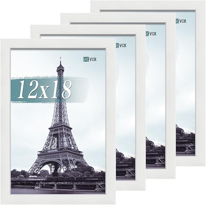 VCK 12x18 Poster Frame Set of 4 - White, Gallery-Quality Wood Picture Frames, 1.1-Inch Wide Border, Polished Plexiglass, Vertical or Horizontal Wall Display for Photo/Art/Prints, White