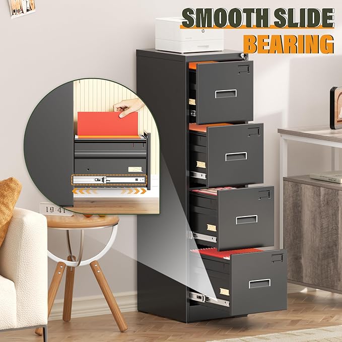 Greenvelly 4 Drawer File Cabinet,Locking Metal Vertical File Cabinet,Office Steel Filing Cabinet for Hanging Letter/Legal Folders,Assembly Required,Black,18" D x 15" W x 52" H