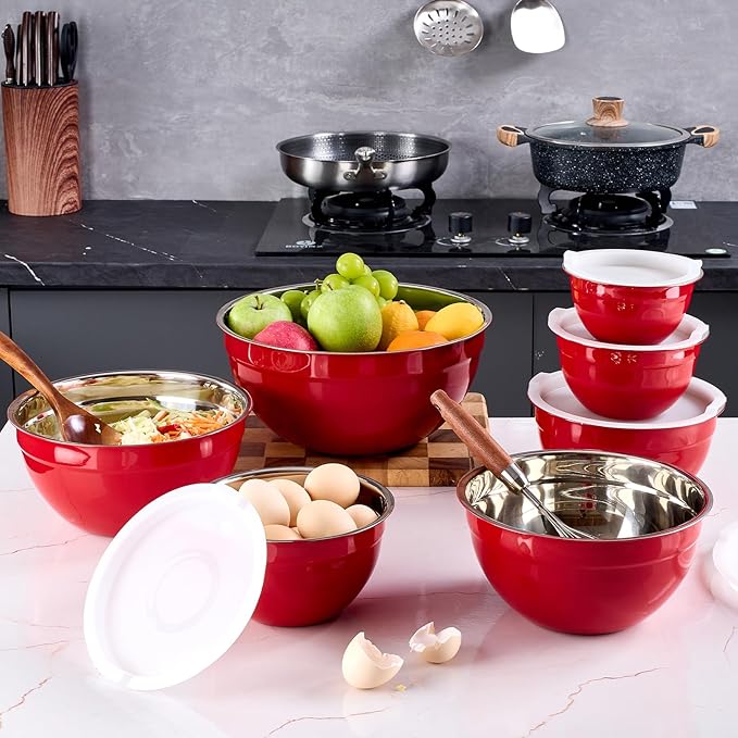 Red Mixing Bowls With Airtight Lids,Stainless Steel Bowl,Salad Bowls 7 Piece Colorful Nesting Bowl Red Kitchen Accessories,Size 7,3.6,2.7,2.1,1.5,1.1,0.8QT Stackable Design