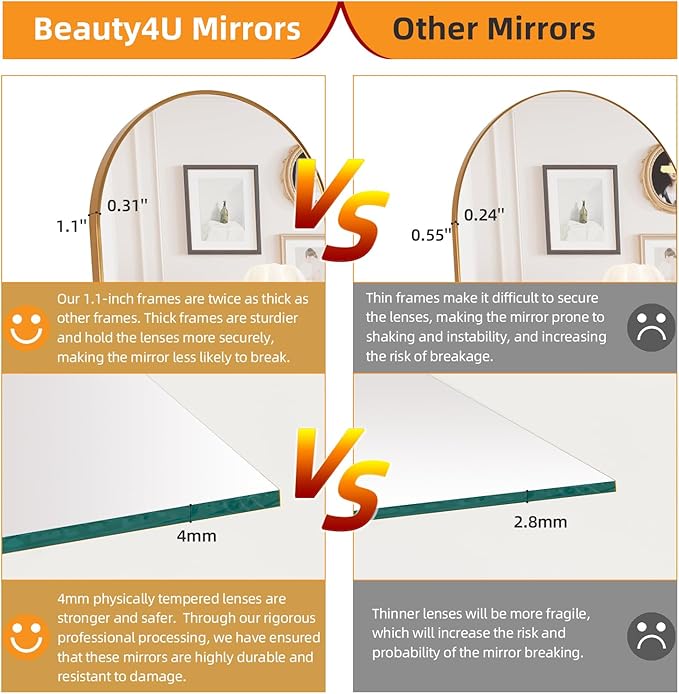 Beauty4U Arched Full Length Mirror, Standing or Leaning, Bedroom Dressing Mirror with Gold Aluminum Alloy Frame, 65" x 24"