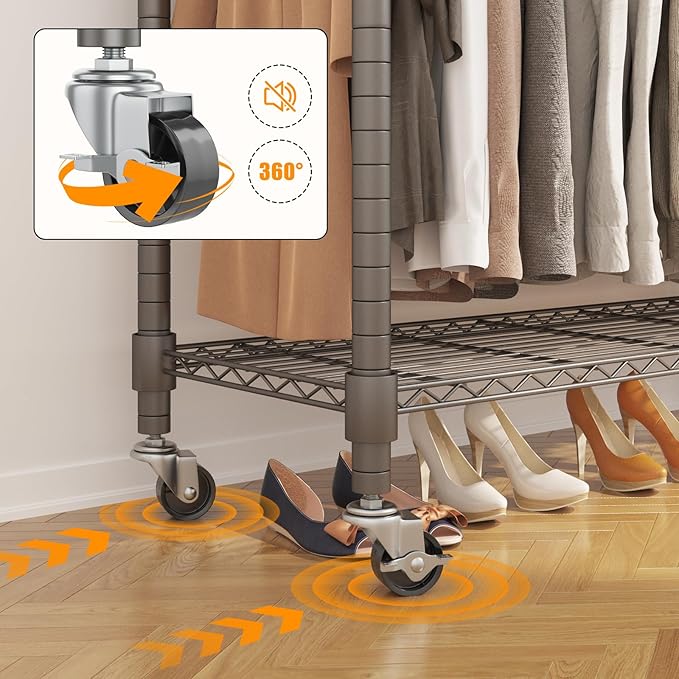 BATHWA Rolling Garment Rack Portable Closet Clothes Rack for Hanging Clothes, Metal Wardrobe Clothing Rack with Wheels and 8 Side Hooks, Double Rods, Adjustable Shelves, Gray