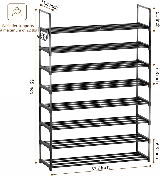 Shoe Rack, 8 Tier Tall Shoe Rack for Entryway, Shoe Orhanizer for Closet, Adjustable Shelf Height Metal Shoe Shelf, Shoe Stand for Front Door Entrance, Closet & Entryway
