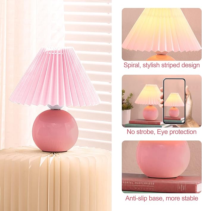 Zenply Korean Pleated Table Lamp, Bedside Nightstand Mini Lamp for Bedroom Living Room Side Table Small Spaces
