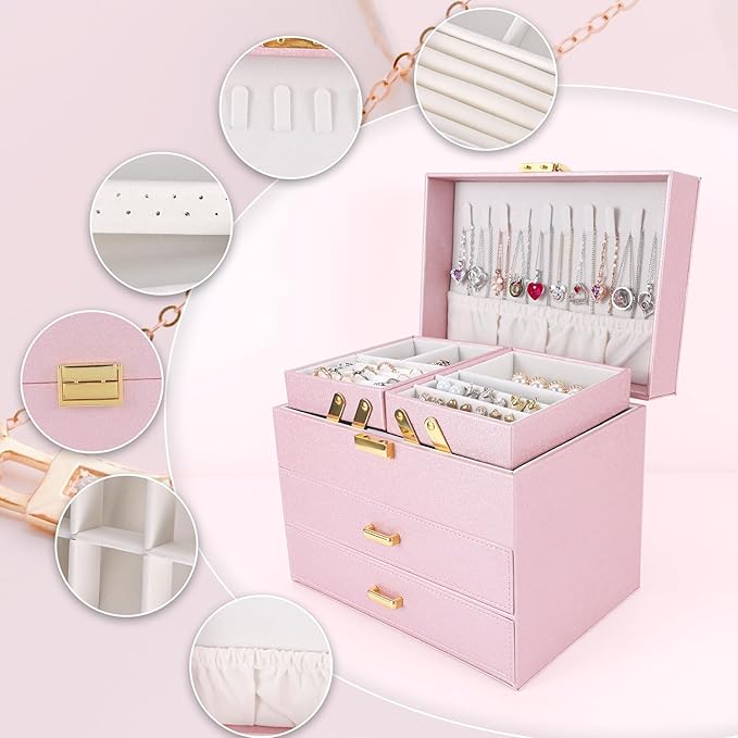 Dajasan Jewelry Boxes for Women Girls, Jewelry Storage Organizer, 4 Layers Large Jewelry Organizer Box with 2 Drawers for Friends, Wife or Mother Gift (Pink)