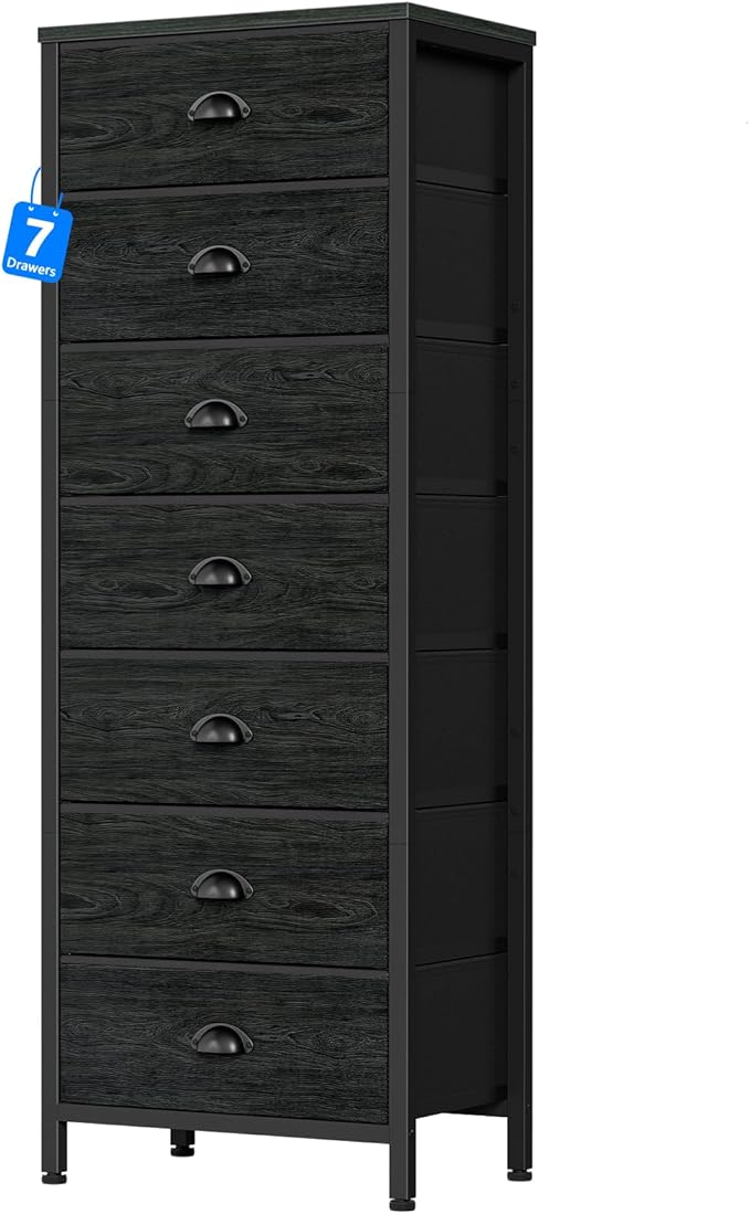 Furnulem Bedroom Dresser, Tall Chests of Drawers with 7 Fabric Bins, Black Organizer in Closet, Dorm, Living Room, Nursery, Hallyway-Storage Tower Unit, Sturdy Steel Frame