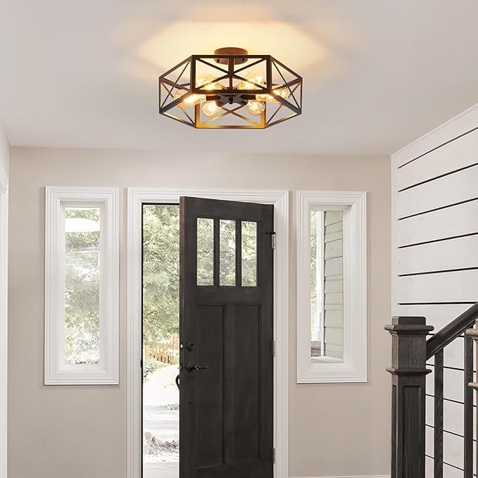 Industrial Semi Flush Mount Ceiling Light, 6 Light Modern Metal Close to Ceiling Light Fixture, Farmhouse Light Fixtures Ceiling Mount, Black Chandelier for Kitchen, Dining Room, Hallway